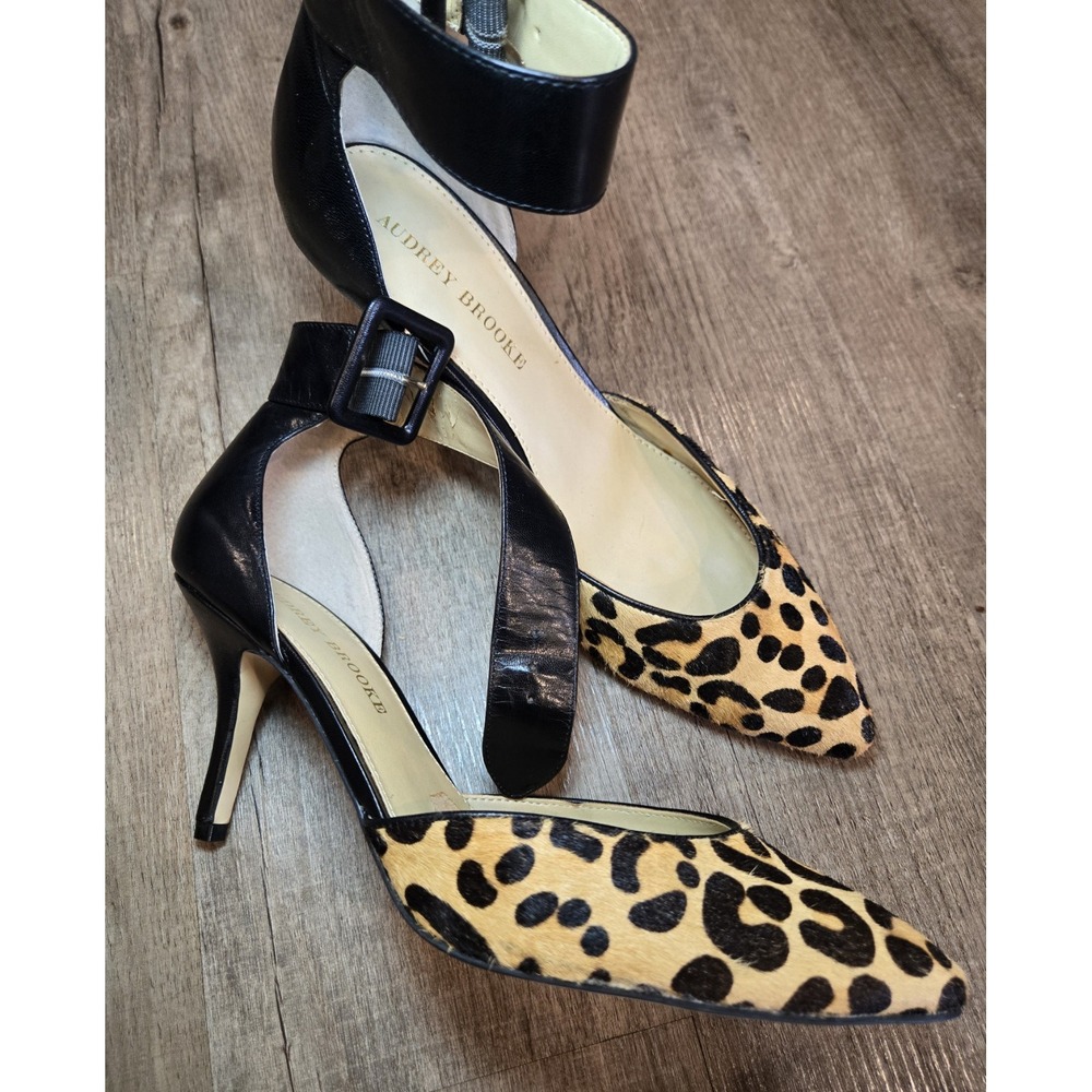 Audrey Brooke Womens Sandal Heel Brown‎ Leather Leopard Ankle Strap High 9.5 M